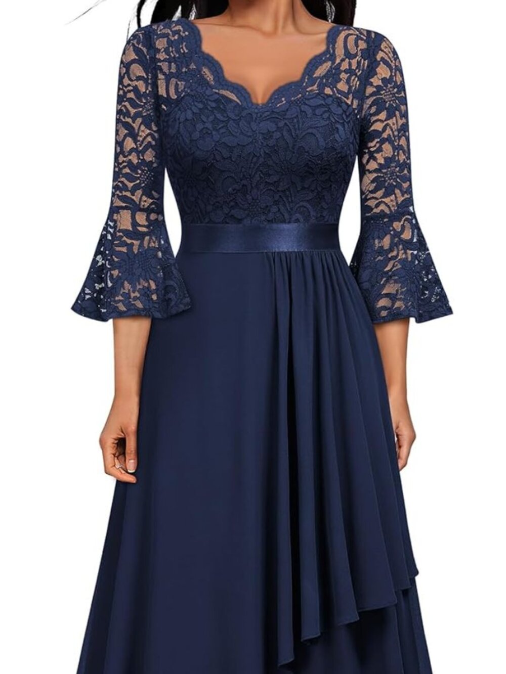 MISSMAY Women's Elegant V-Neck Floral Lace Bell Sleeve Wedding Party Maxi Dress